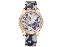 Relógio de Pulso Feminino Vansvar Floral Print Pulseira Pu Liga Quartzo Preto