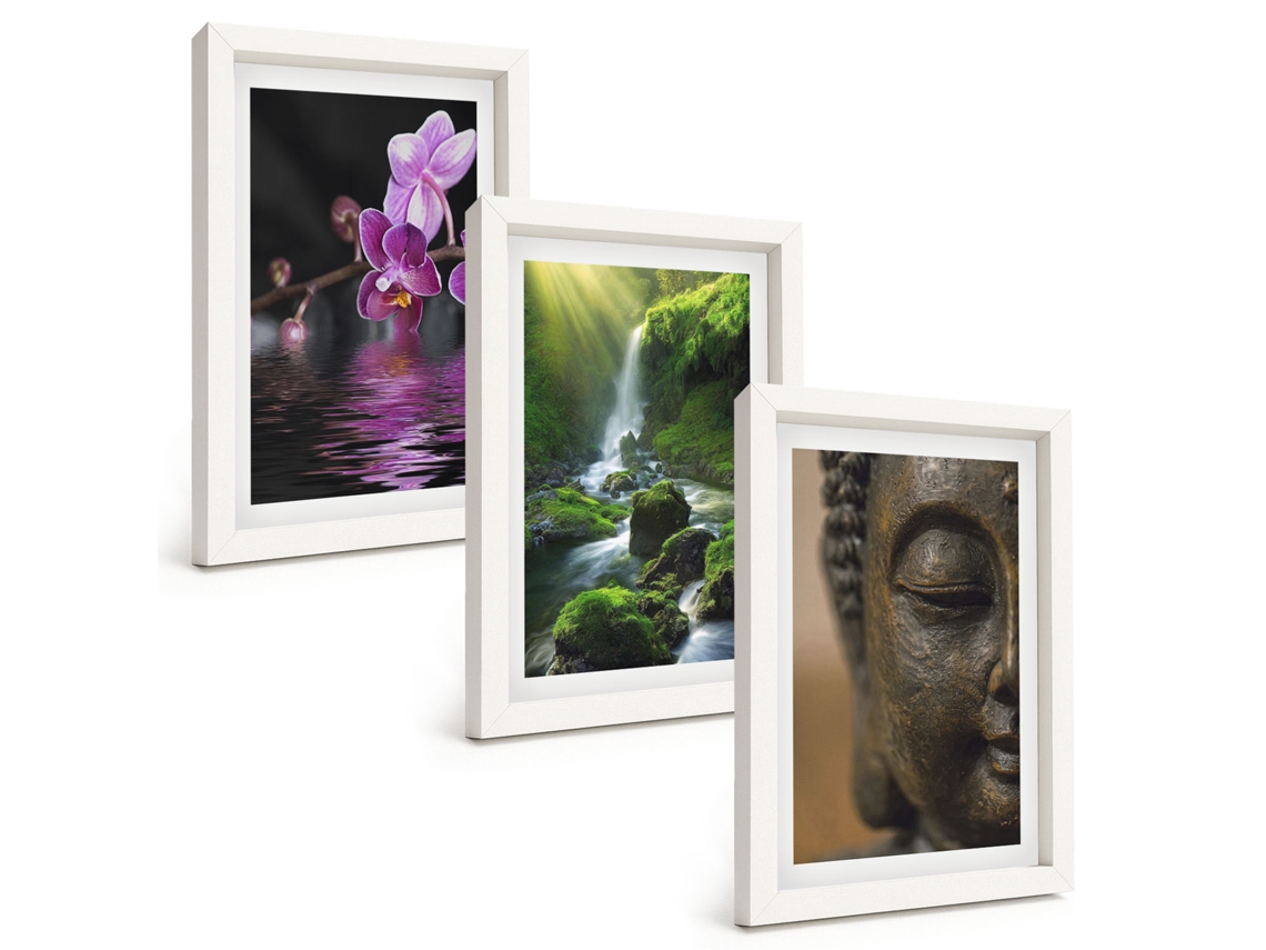 Conjunto De Quadros Com Moldura Flores, Cachoeira, Buda, Rochas, Zen Moldura Branca Fotos Para O Corredor Espelharte (3 Peças 20x30 Cm)