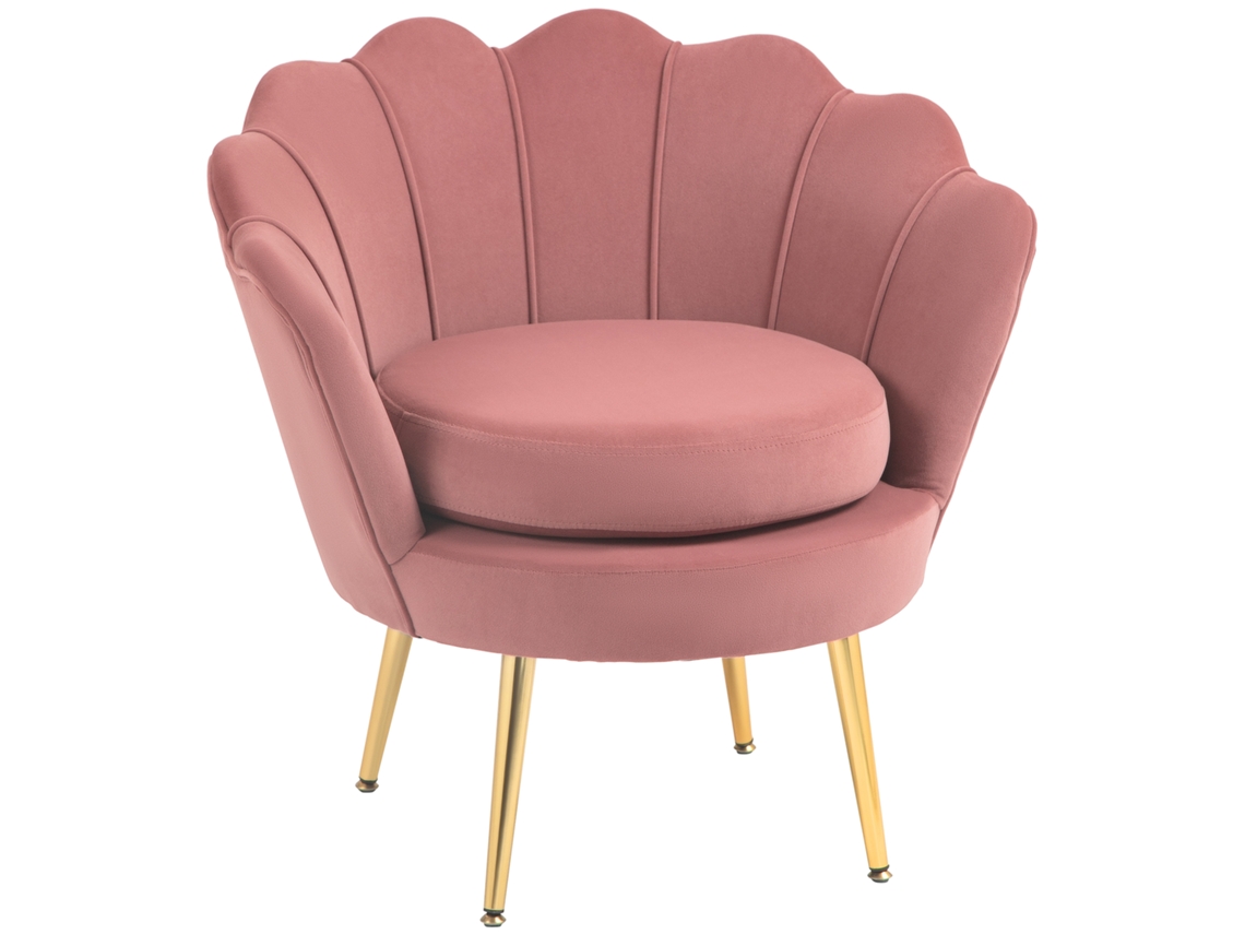 Poltrona de sala em veludo, com encosto em concha, pernas douradas, 76x67x74 cm, rosa