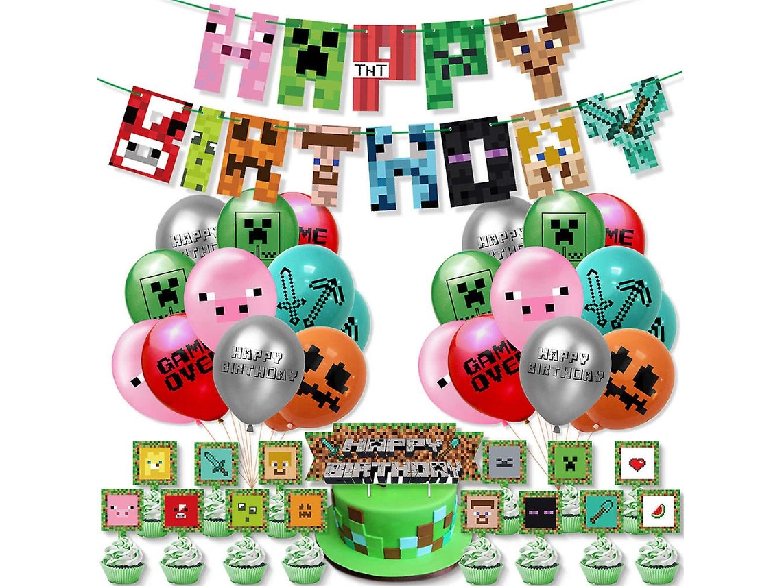 Decoração De Festa De Aniversário Com Tema Minecraft, Balões, Banners, Decorações De Bolo Fw