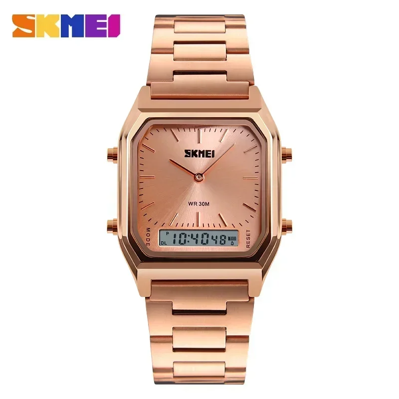 Relógio de Quartzo MDUG com Duplo Fuso Horário Digital, Cronógrafo Esportivo e Resistente À Água (ouro rosa)