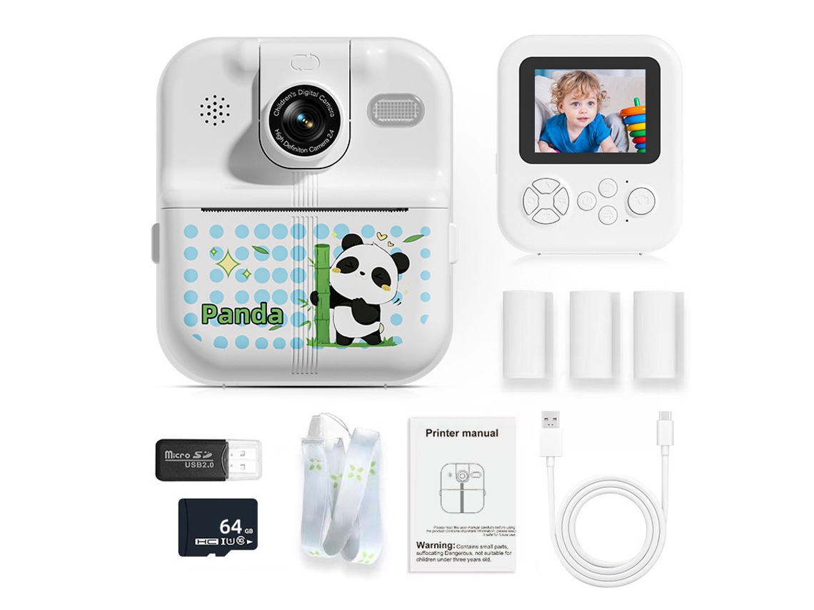 Câmera Infantil Panda Branca , Cartão de 64gb + Leitor de Cartões Lançamento de 2026 YUNZII (com Lente Giratória Controlada por Aplicativo)