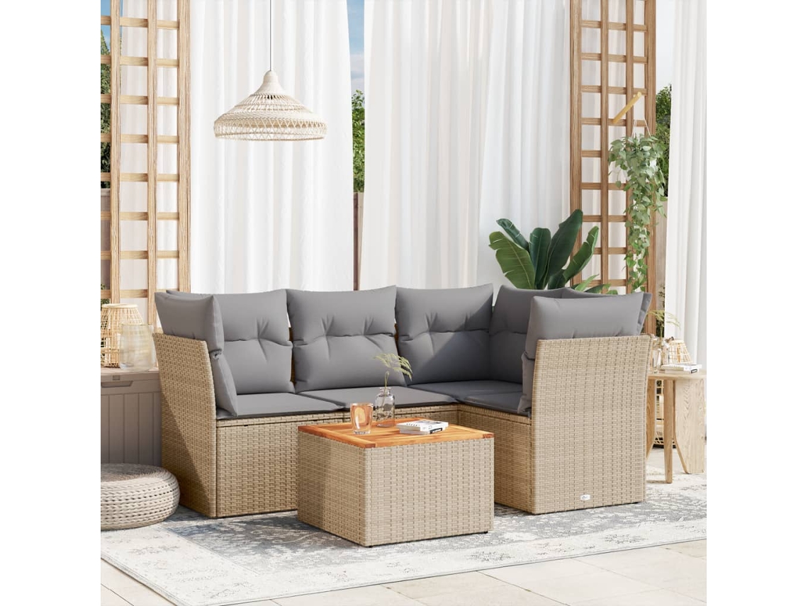 Vidaxl 5 Pcs Conjunto De Sofás P/ Jardim Com Almofadões Vime Pe Bege