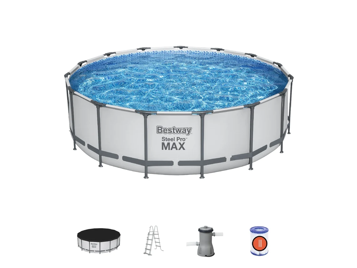 Piscina Tubular Redonda Bestway Steel Pro Max 457x122 Cm Com Filtro De Cartucho De 3.028 L/h, Cobertura E Escada