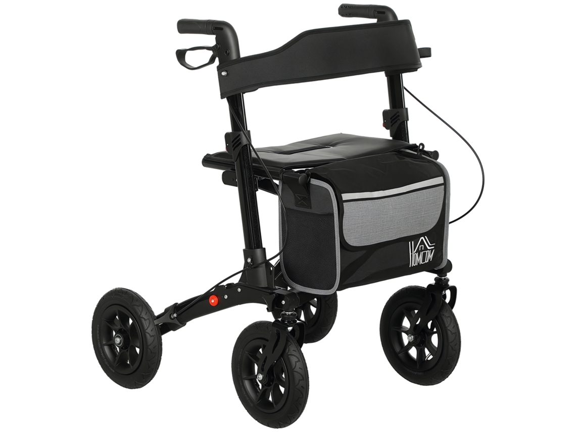 Andador Dobrável de 4 Rodas, Modelo Rollator Leve em Alumínio, com Assento Acolchoado, Encosto e Alça Ajustável, Dimensões 69x64x98,5cm, Cor Preta.