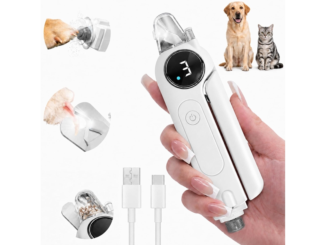Cortador de unhas elétrico para animais de estimação com LED, silencioso, seguro e anti-vibração Lixa