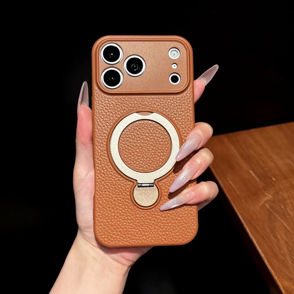 Capa Protetora Com Suporte Magnético (marrom Para Iphone 14), Resistente A Impactos E Com Textura De Couro.