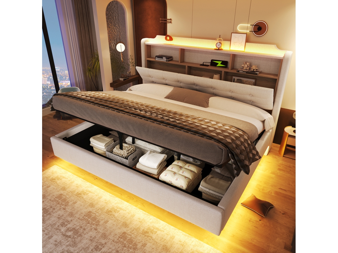 Cama Estofada Linho Bege 180x200 Cm