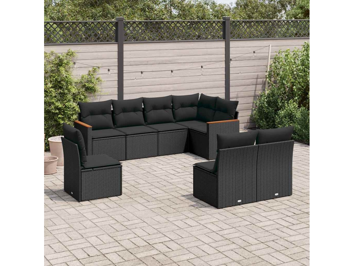 Vidaxl 8 Pcs Conjunto Sofás de Jardim com Almofadões Vime Pe Preto