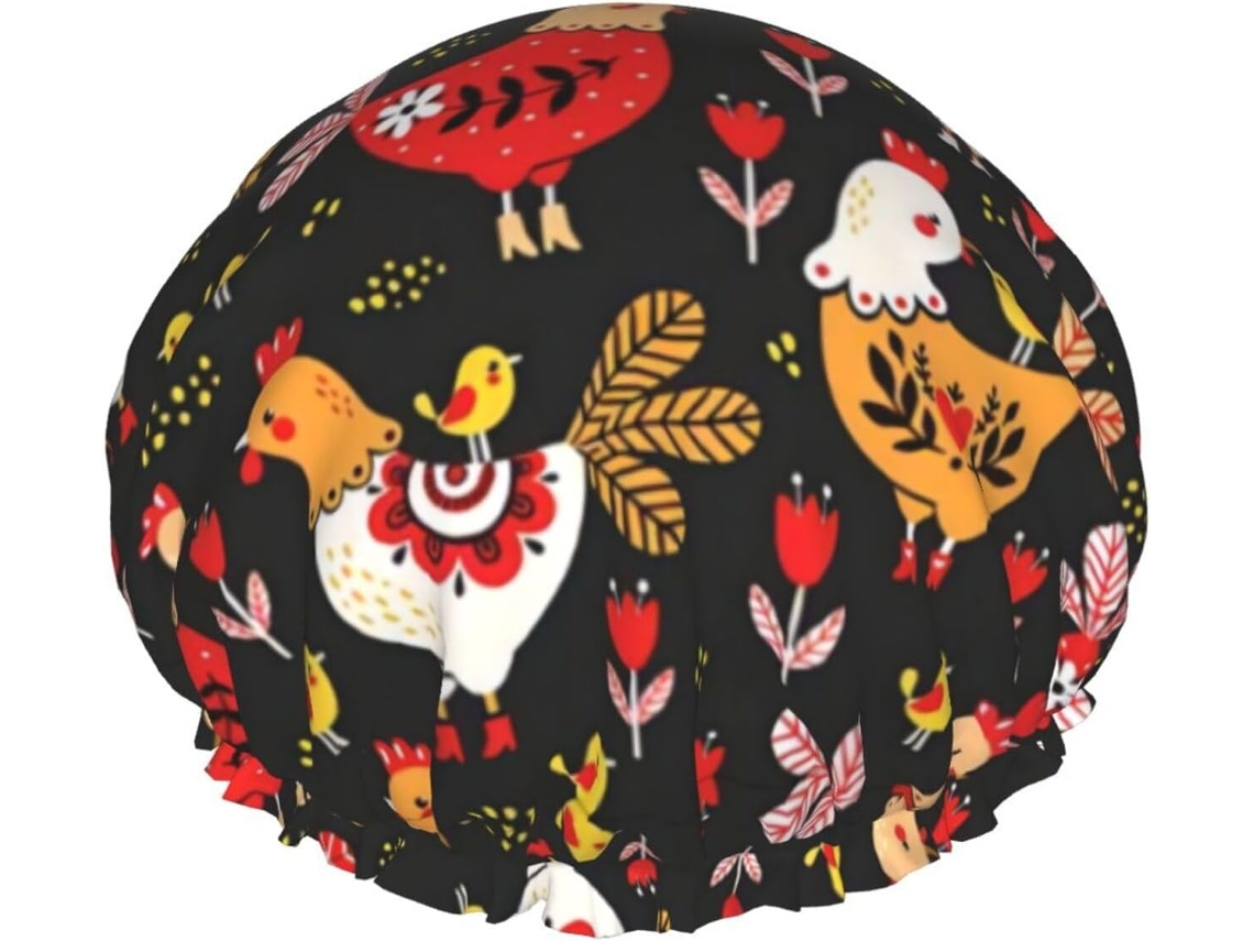 Touca De Banho Fofa Com Estampa Galo E Galinha, Reutilizável, Dupla Camada, Item Essencial Para Viagens, Hotel, Banheiro