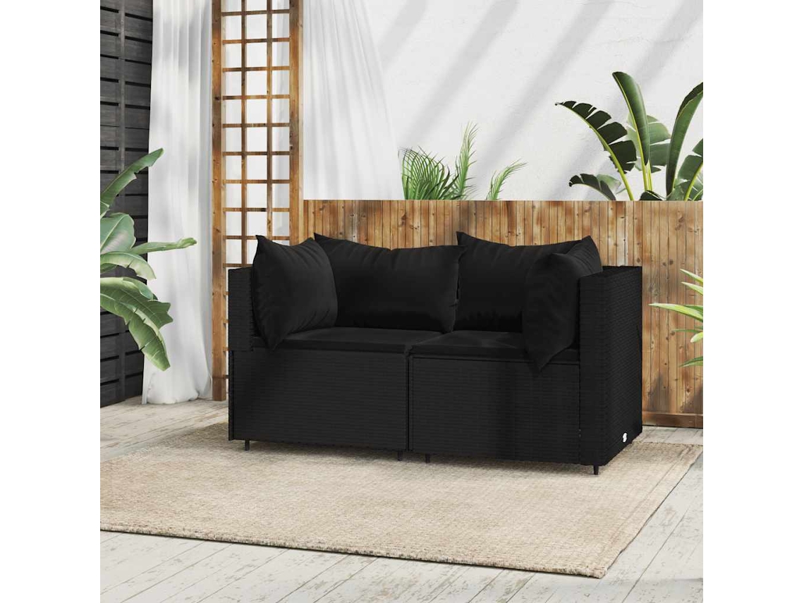 Vidaxl Sofás De Canto P/ Jardim C/ Almofadões 2 Pcs Vime Pe Preto