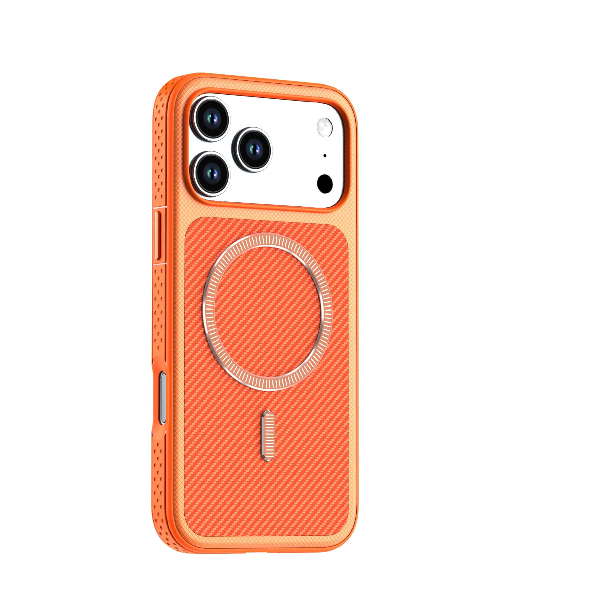 Capa Magnética Para Celular (iphone 14 Pro Laranja) Com Textura De Fibra De Carbono, Feita De Material Rígido De Policarbonato.