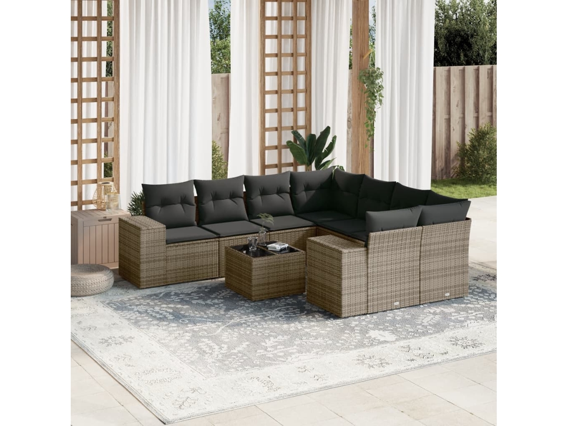 Vidaxl 9 Pcs Conjunto Sofás P/ Jardim Com Almofadões Vime Pe Cinzento