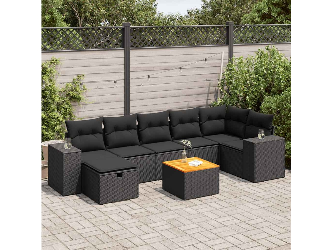Vidaxl 8 Pcs Conjunto Sofás De Jardim Com Almofadões Vime Pe Preto