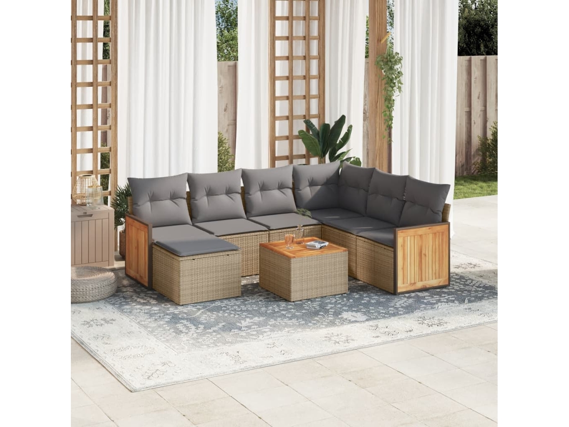 Vidaxl 8 Pcs Conjunto De Sofás P/ Jardim Com Almofadões Vime Pe Bege