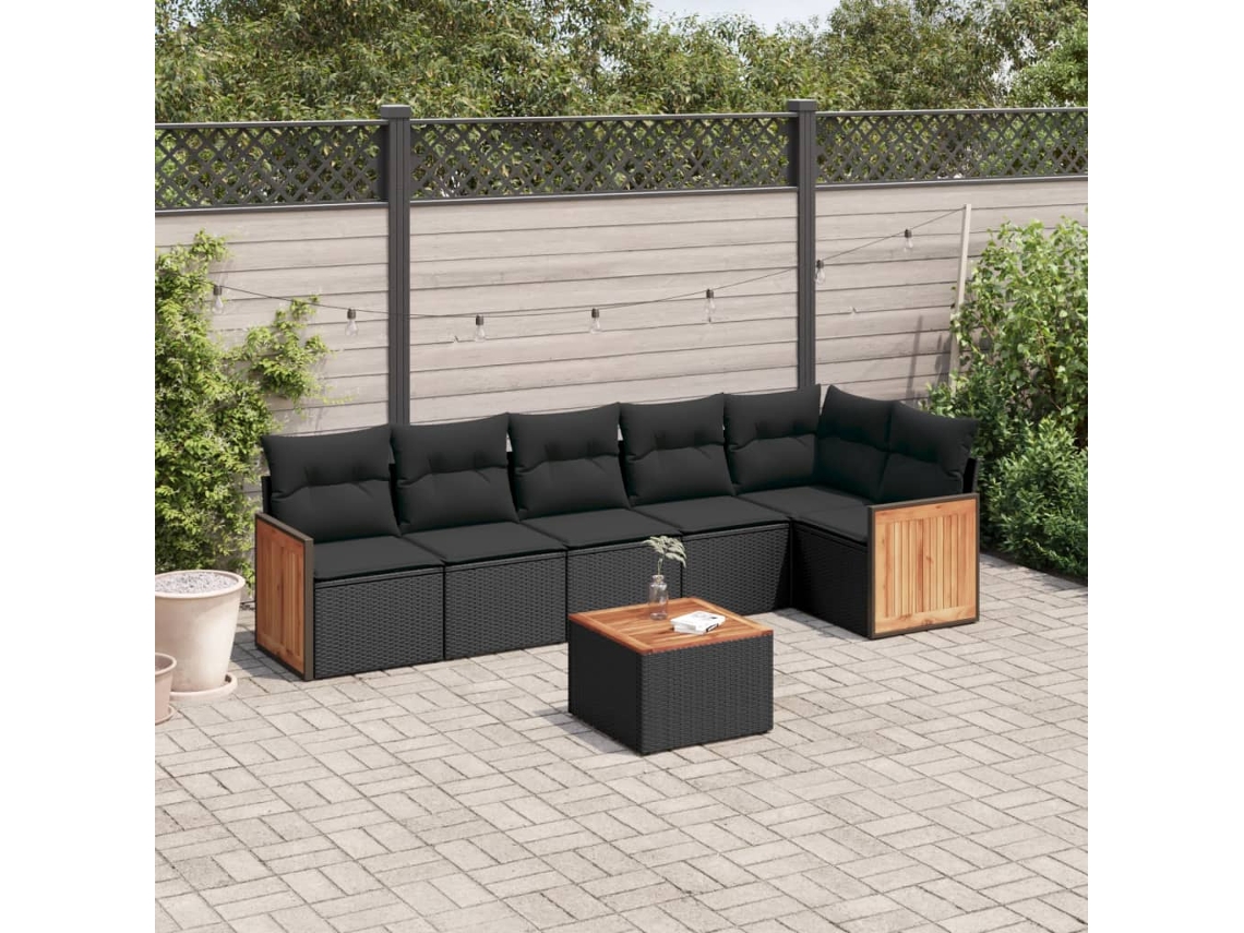 Jogo de Sofá 7 Peças P/ Jardim C/ Almofadões Vime Pe Preto Dkd Home Decor
