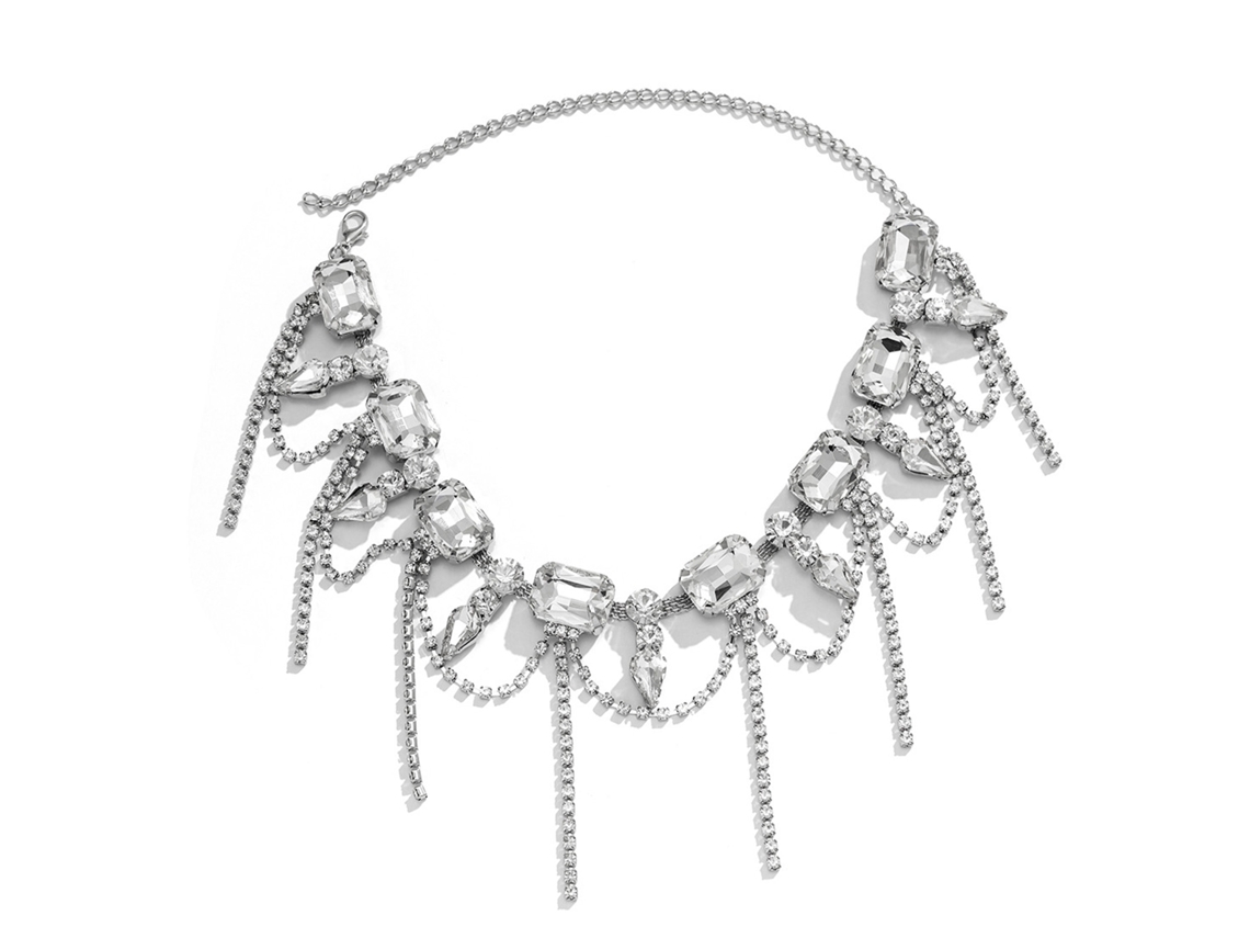 Colar de Strass Brilhante Fivela Gancho e Olho Moda Feminina Colar Bling Branco