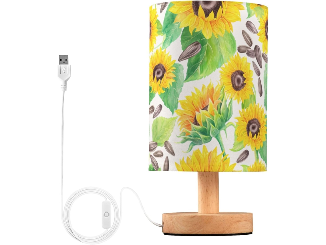 Abajur De Cabeceira Com Estampa Girassol Em Aquarela, Com Porta Usb, Sem Necessidade De Lâmpada, Luz Led Quente Para