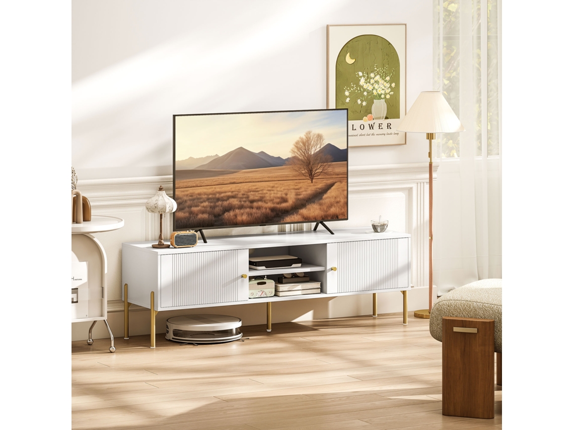 Móvel Tv 2 Portas 2 Prateleiras Abertas Passagem Cabo 65 Polegadas 140x38x45,9 Cm Branco