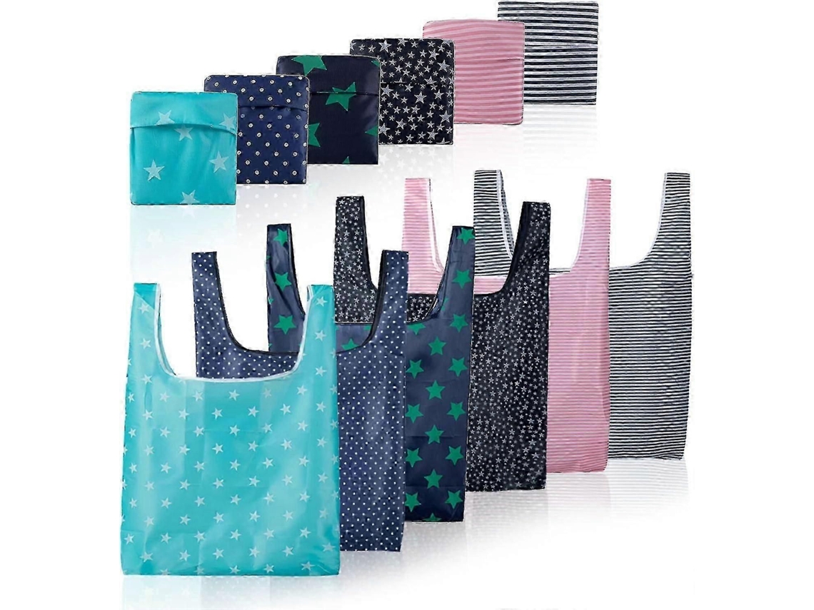 Pacote com 6 Sacolas de Compras Dobráveis, Reutilizáveis ​​e Ecológicas, com Bolsa Acoplada para Compras. GOKOCO