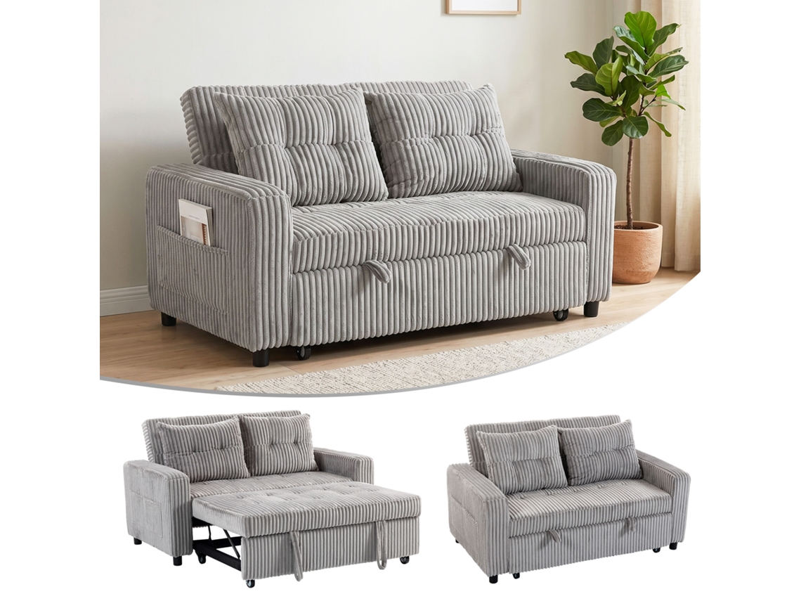Sofá-cama 2 Lugares, Veludo Cotelê, 2 Almofadas, Bolsos Laterais, 157x190cm, Cinza Claro