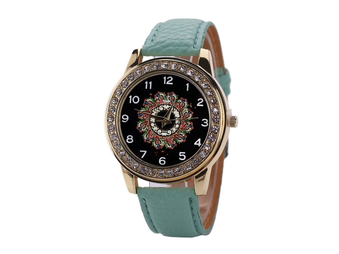 Relógio de Pulso Feminino de Moda com Pulseira de Couro Pu Strass Azul Céu