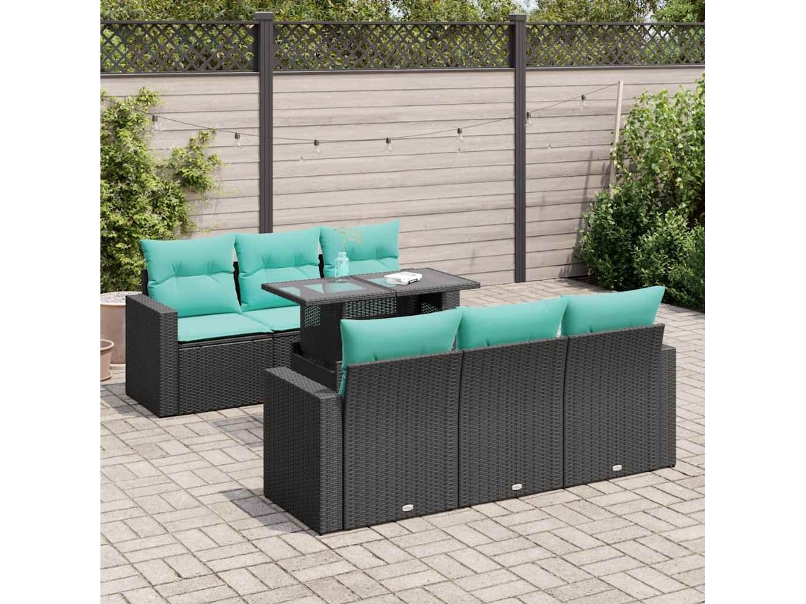 Vidaxl 7 Pcs Conjunto Sofás Jardim C/ Almofadões Vime Pe/acácia Preto