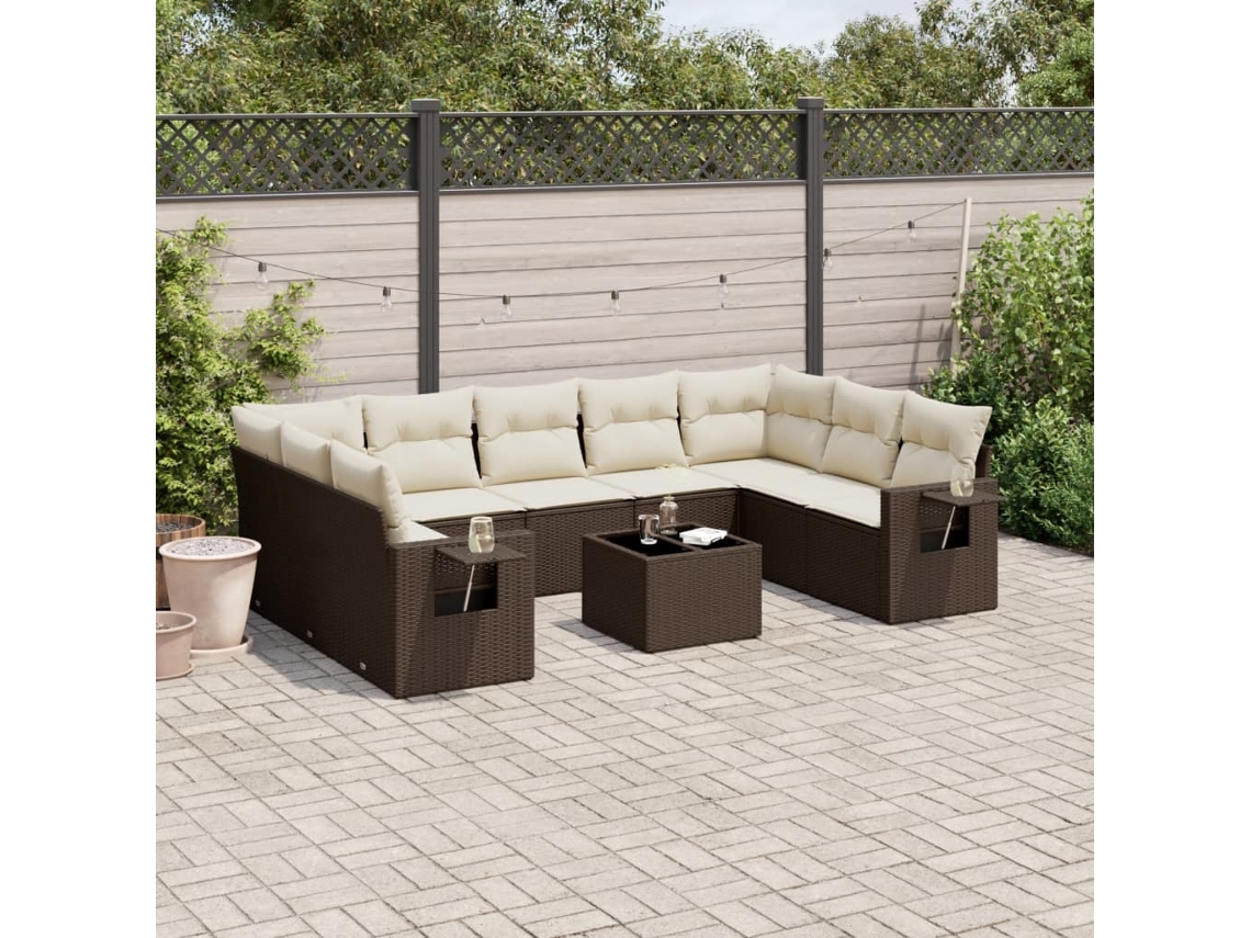 Vidaxl 10 Pcs Conj. Sofás Jardim Com Almofadões Vime Pe Castanho