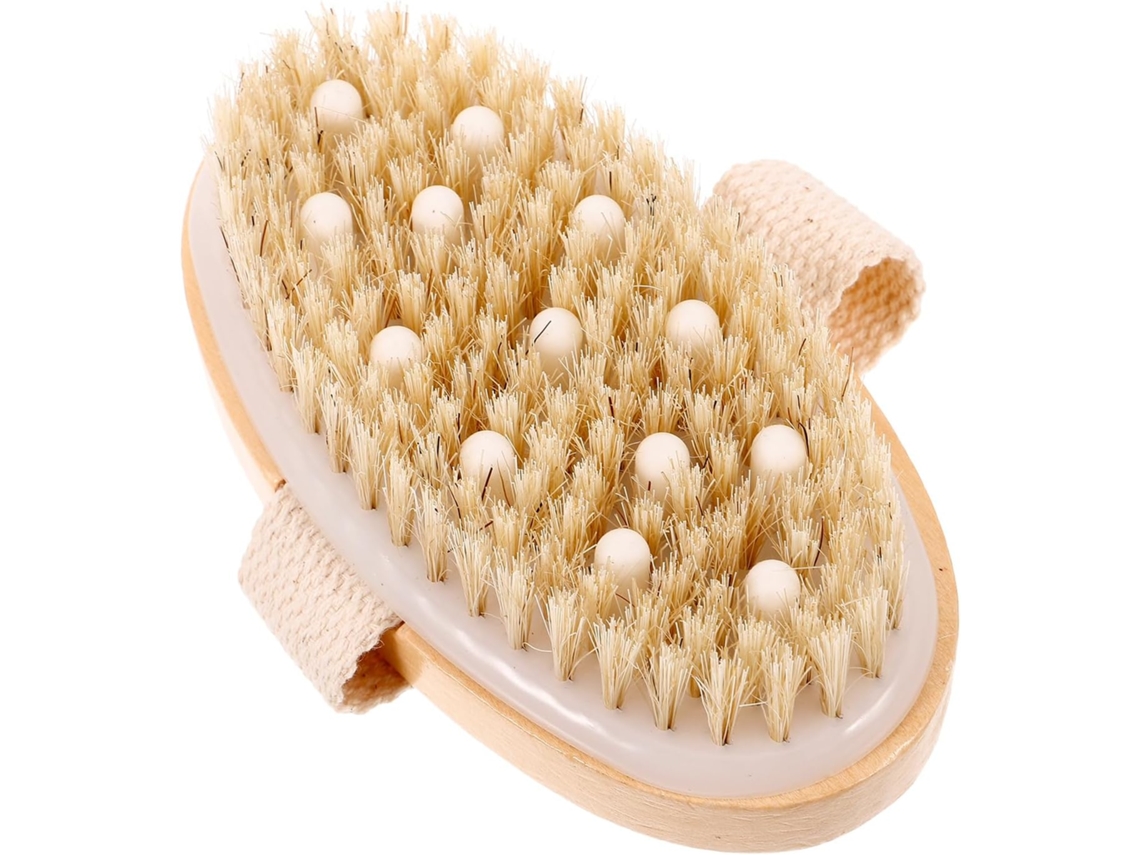 Escova de vaso sanitário de bambu com cerdas naturais e cabeça com bico aplicador, fácil de fixar.