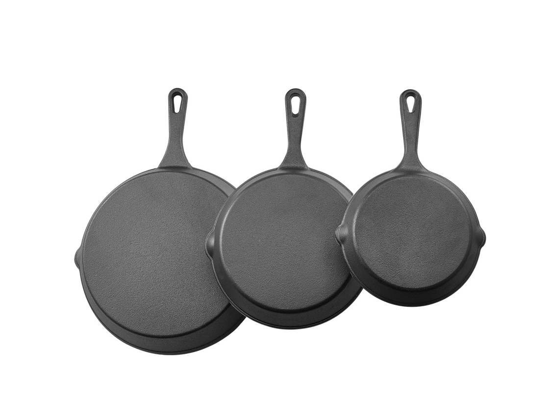Frigideira de Ferro Fundido Conjunto 3 Peças 160 220 e 265 Mm Resistente com Cabo Ao Calor Precurada para Fogões a Gás Placas Elétricas Queimadores