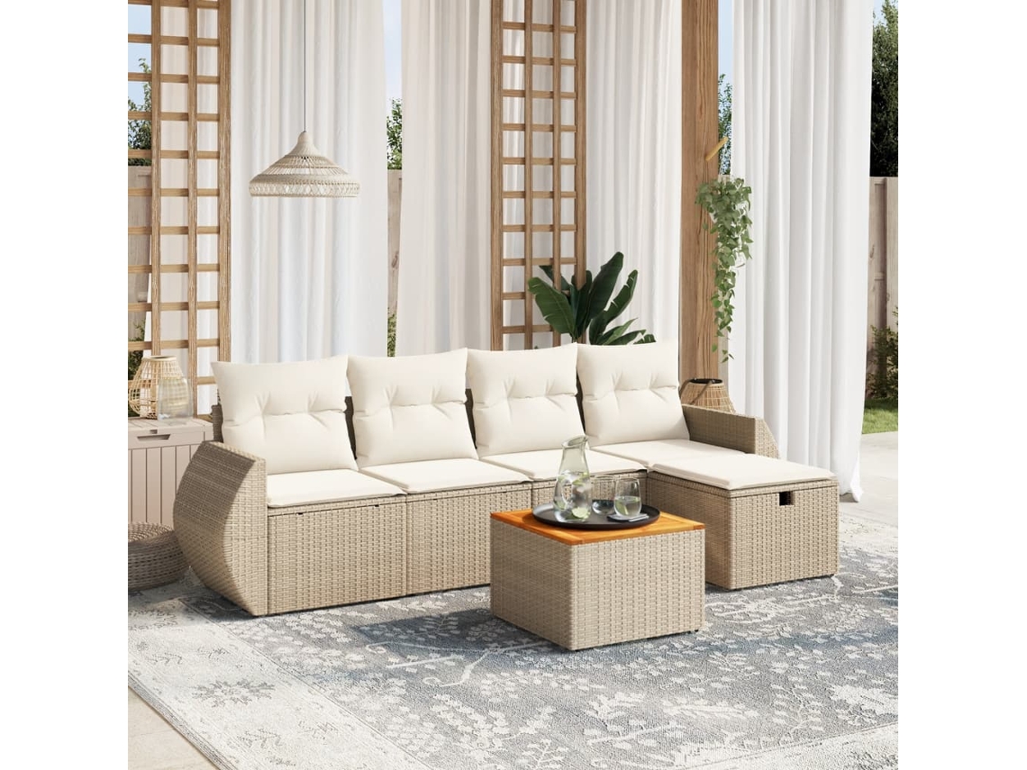 Vidaxl 6 Pcs Conjunto De Sofás P/ Jardim Com Almofadões Vime Pe Bege