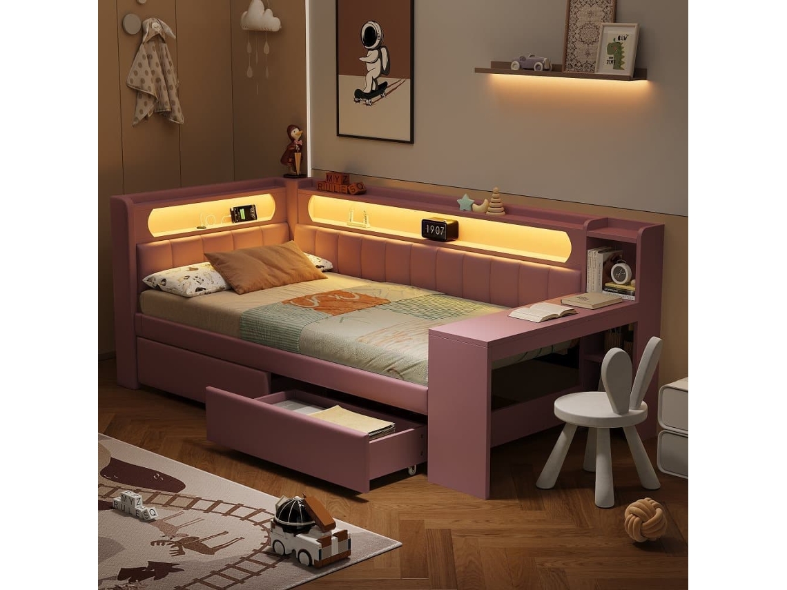 Cama Tipo Sofá-cama 90x200 - Acolchoada, Usb, Led, Secretária E 2 Gavetas - Rosa