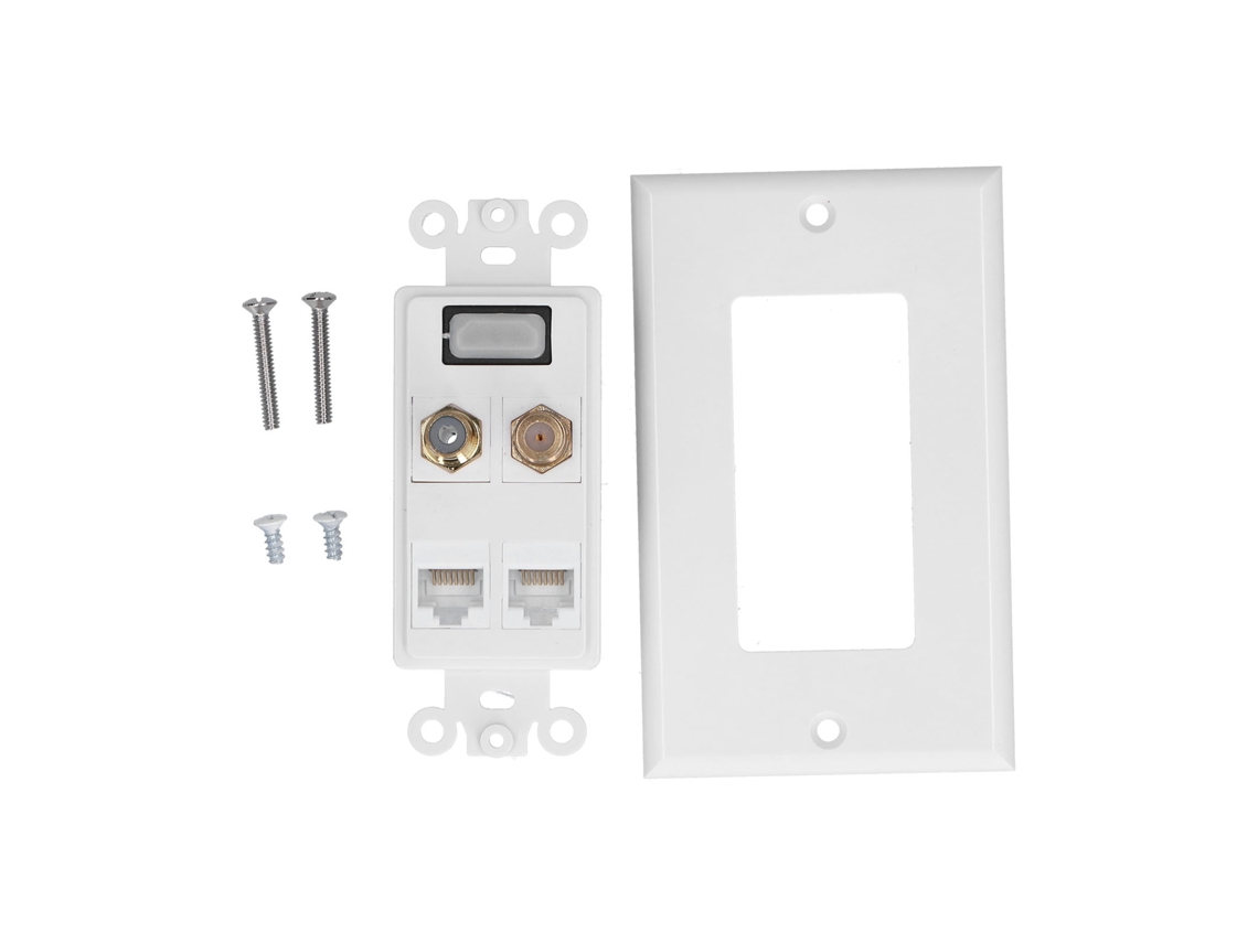 Placa de parede multimídia com áudio, vídeo, Ethernet e coaxial, resistente e antidesgaste.