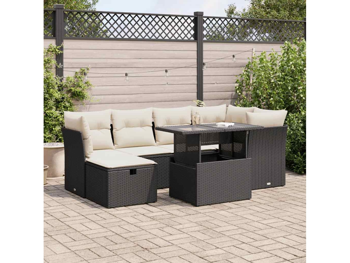 Vidaxl 7 Pcs Conjunto De Sofás P/ Jardim C/ Almofadões Vime Pe Preto
