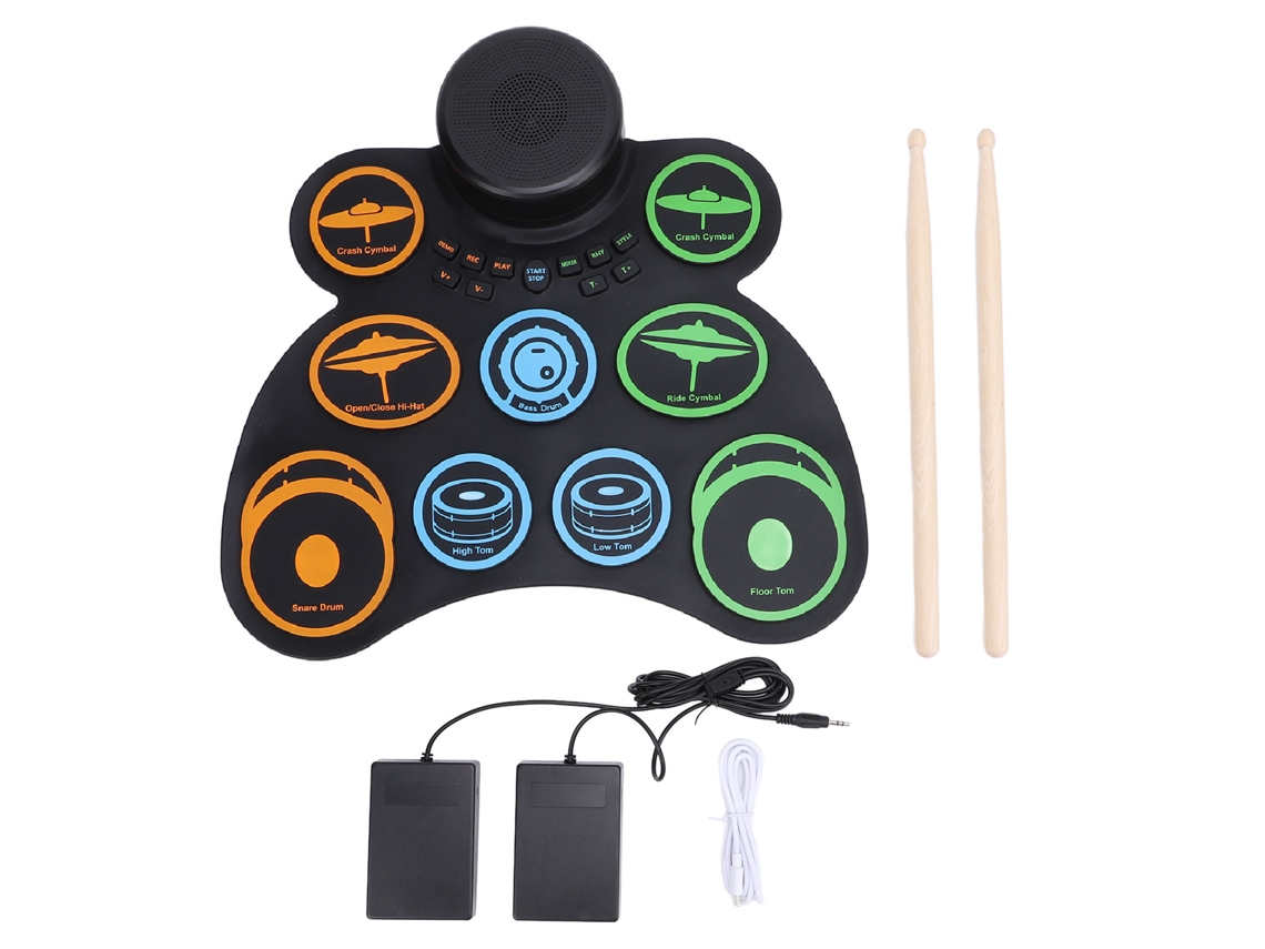 Bateria Eletrônica 9 Pads Rolável com Fones, Pedais e Baquetas para Crianças