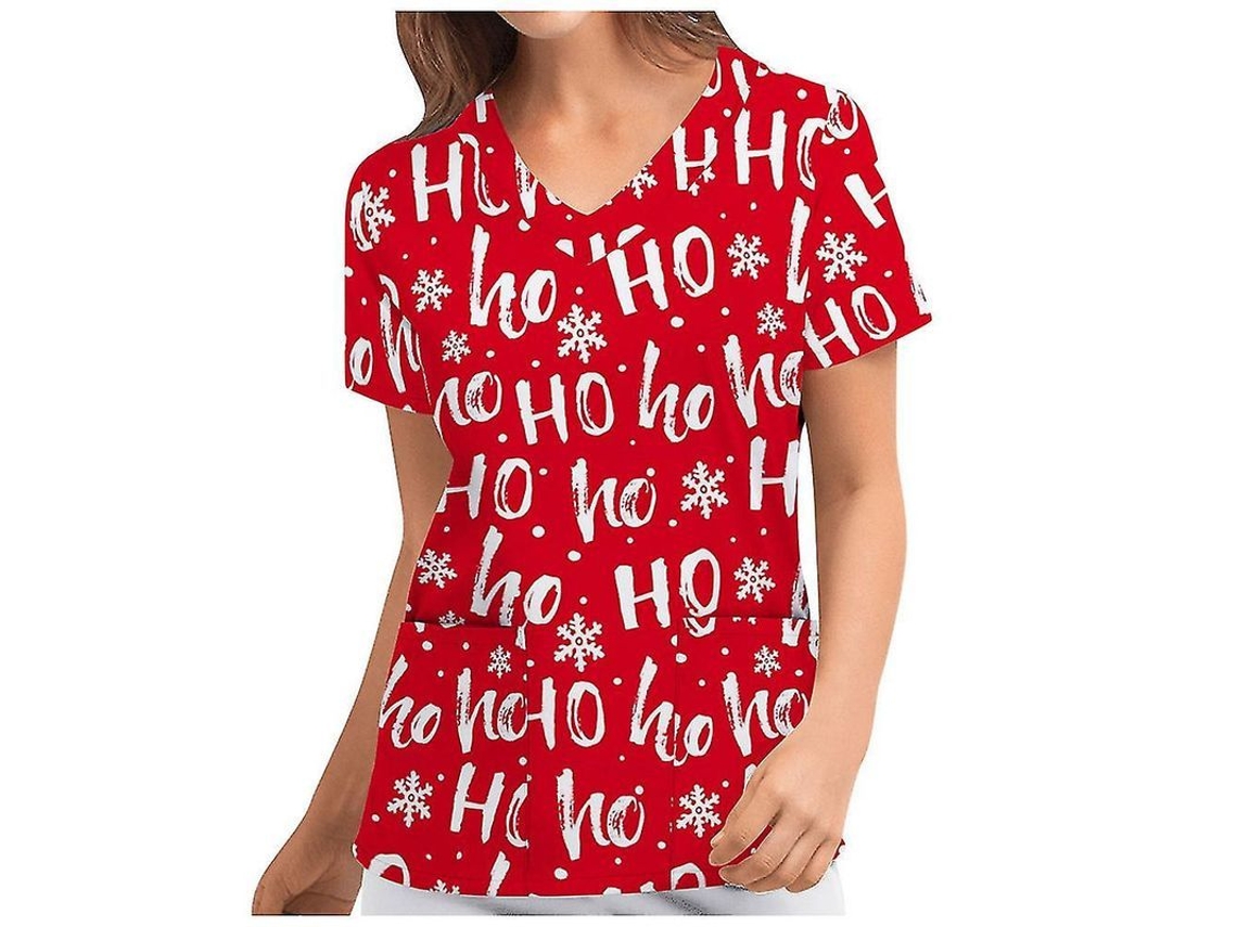 Uniforme De Enfermagem Feminino De Natal Com Manga Curta Camiseta Scrub V-neck Xmas Blouse Tops Vermelho