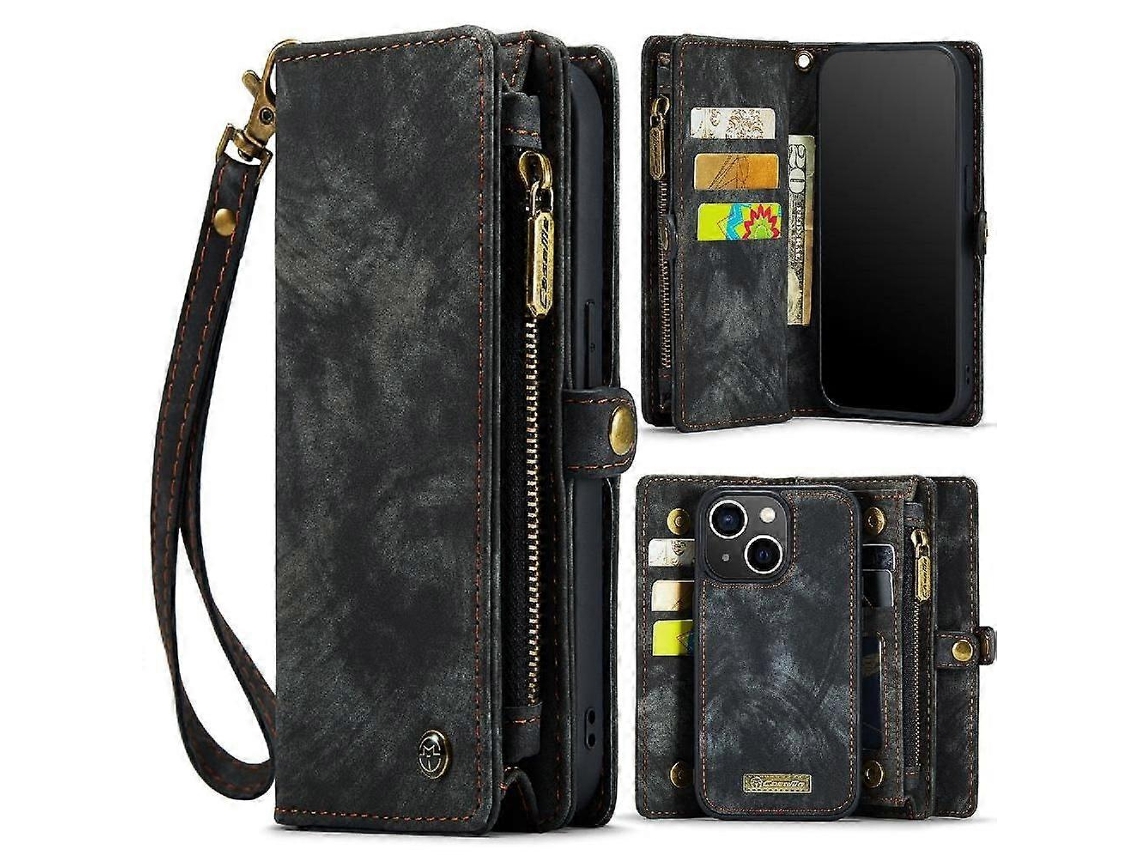Capa Tipo Carteira Para Iphone 13 Mini, Dobrável, Com Zíper De Couro Tpu Pc Feito À Mão, Porta-cartões Magnético Forte E Destacável