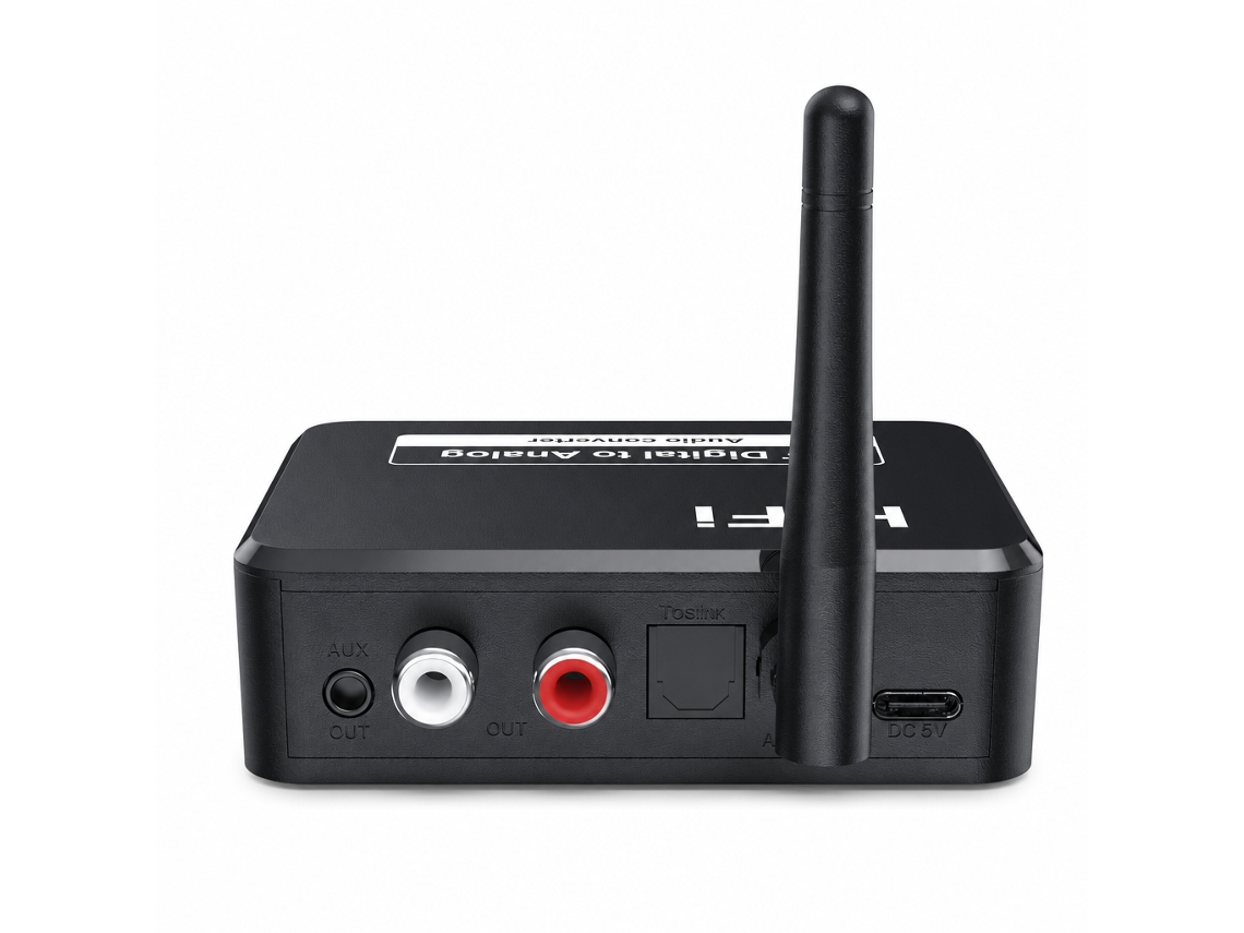 Receptor de áudio Bluetooth 5.3 com conversor digital-analógico, saídas RCA e auxiliar de 3,5 mm.