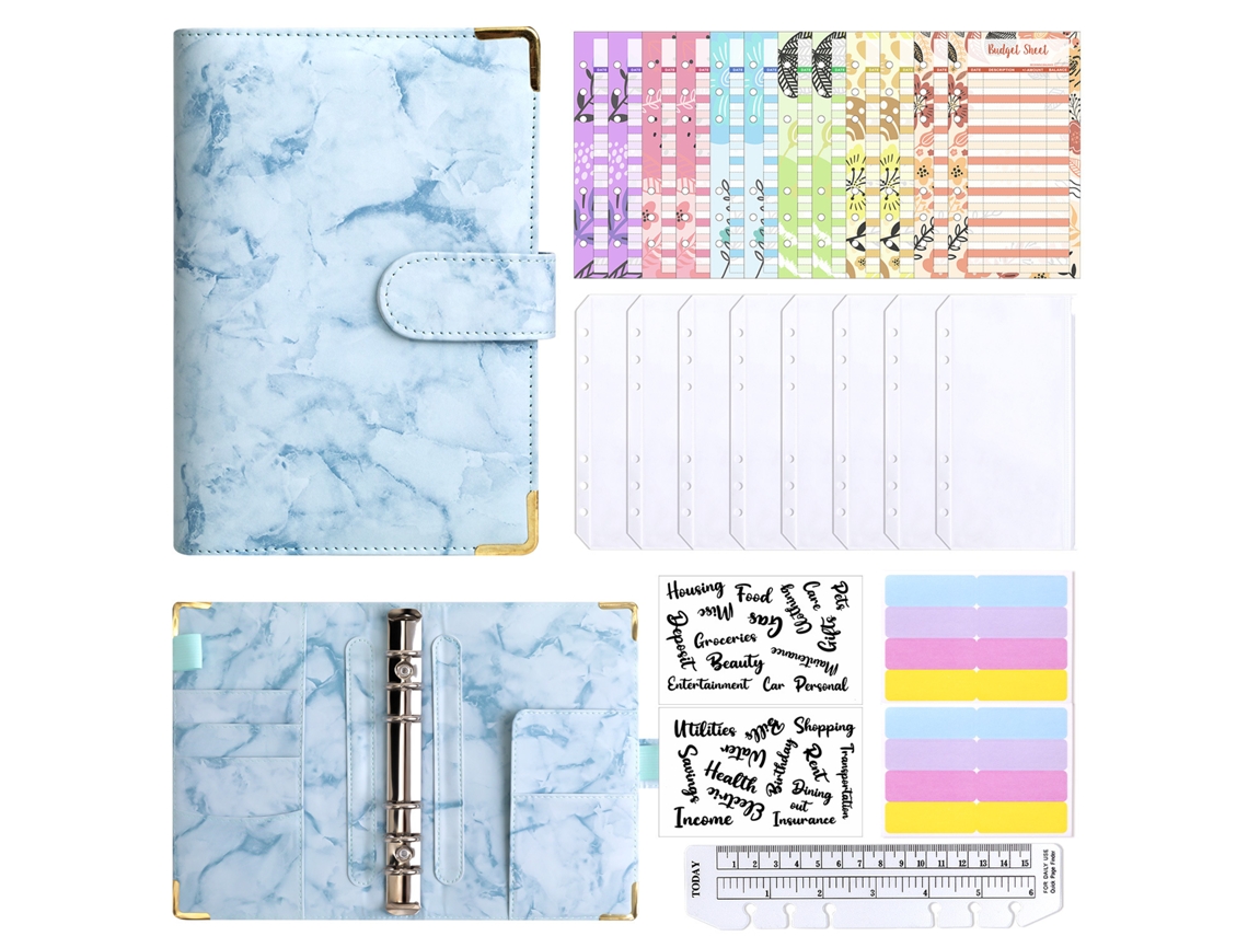 A6 Macaron Marble Grain Pu Leather Budget Binder With Corner Protector Blue, Includes 8-zipper Pockets, 12-cash