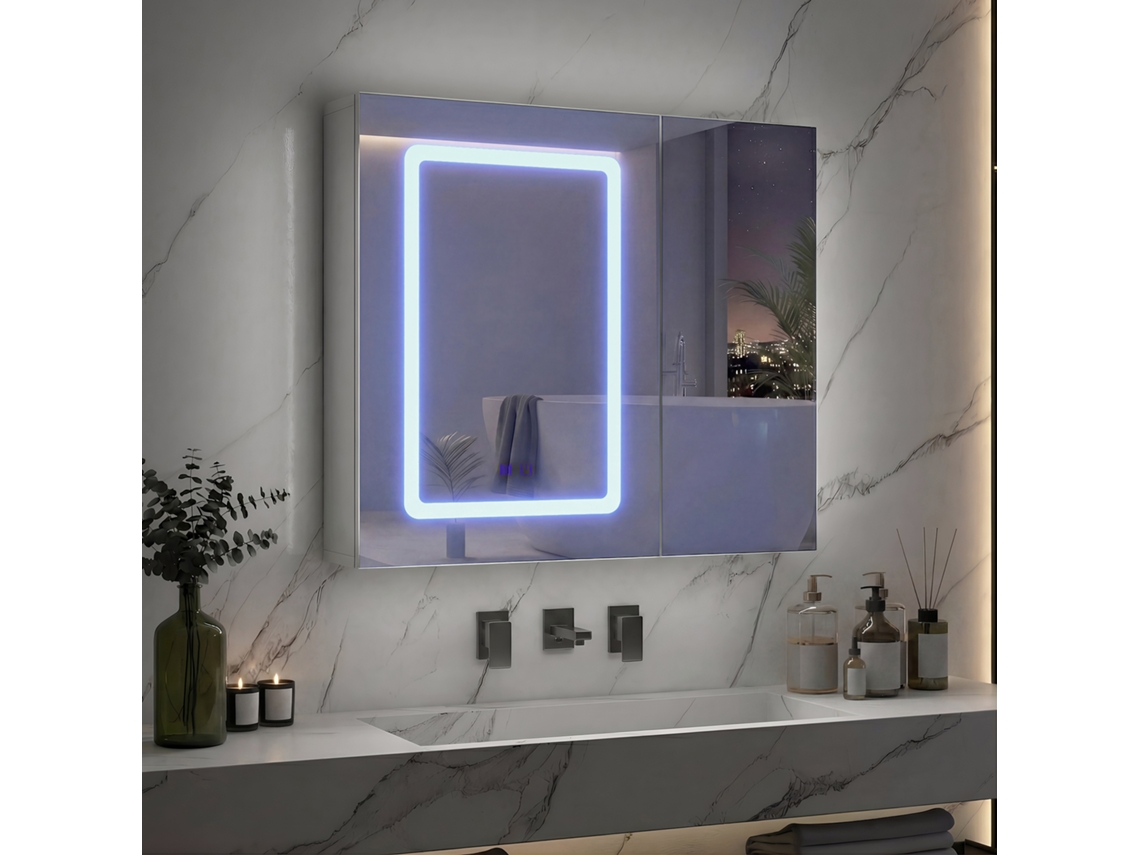 Armário Espelho Banho Led, 70x13,5x60 cm, 2 Portas, Branco BRYXR