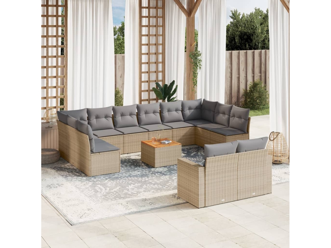 Vidaxl 13 Pcs Conj. Sofás Jardim C/ Almofadões Vime Pe Bege Misturado