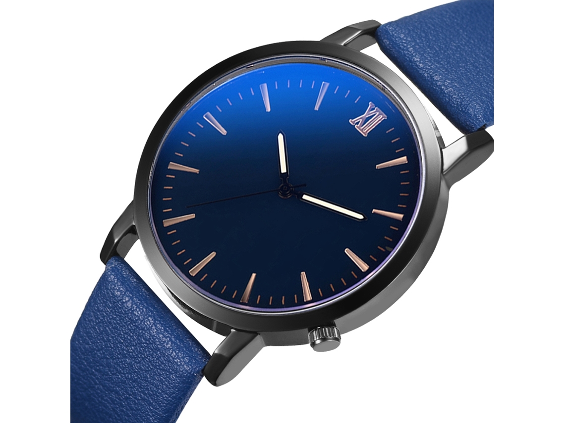 Relógio masculino com pulseira de couro PU, mostrador redondo grande, relógio de pulso casual de quartzo, azul.