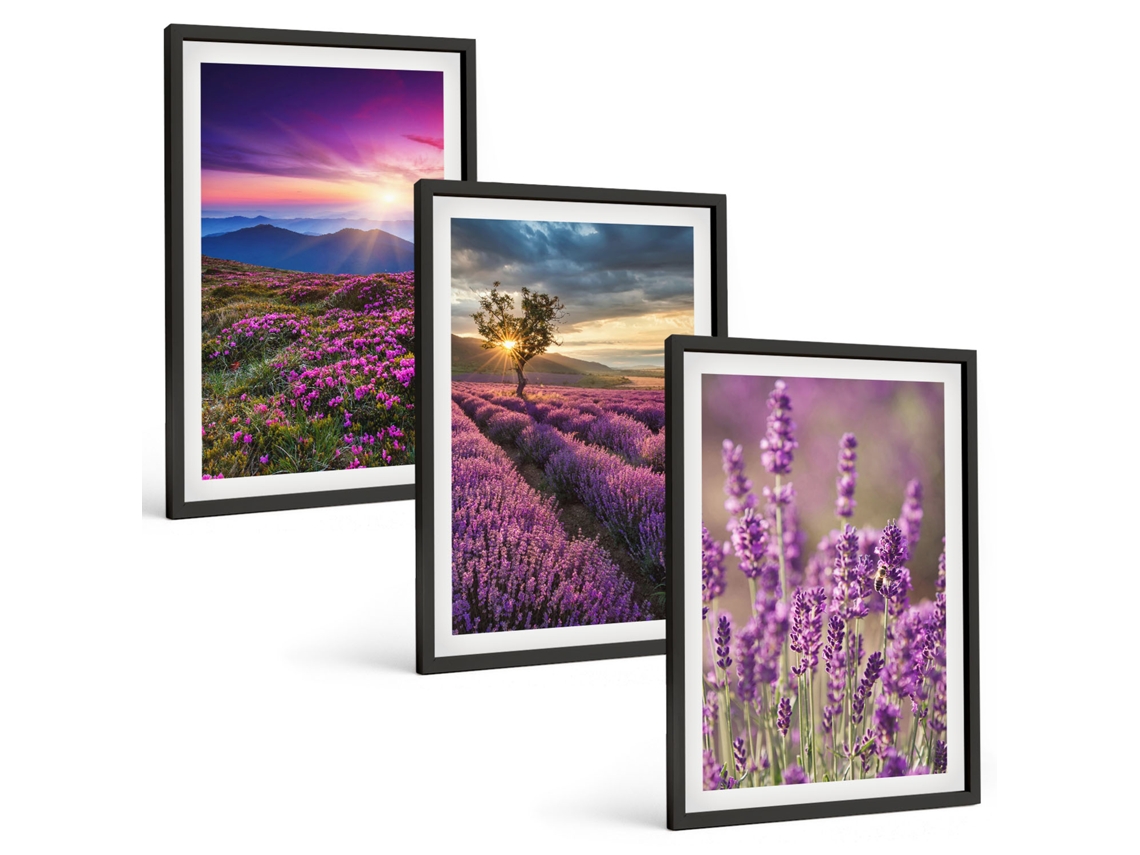 Conjunto De Pinturas Campos De Lavanda, Pôr Do Sol Moldura Preta Quadros Para O Escritório Espelharte (3 Piezas De 40x60 Cm)