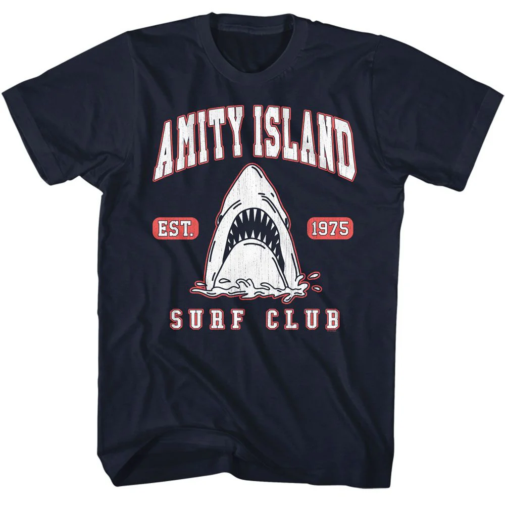 Unisex Adult T-shirt Rockinstone Jaws Movie Surf Club Collegiate Navy Sizexl