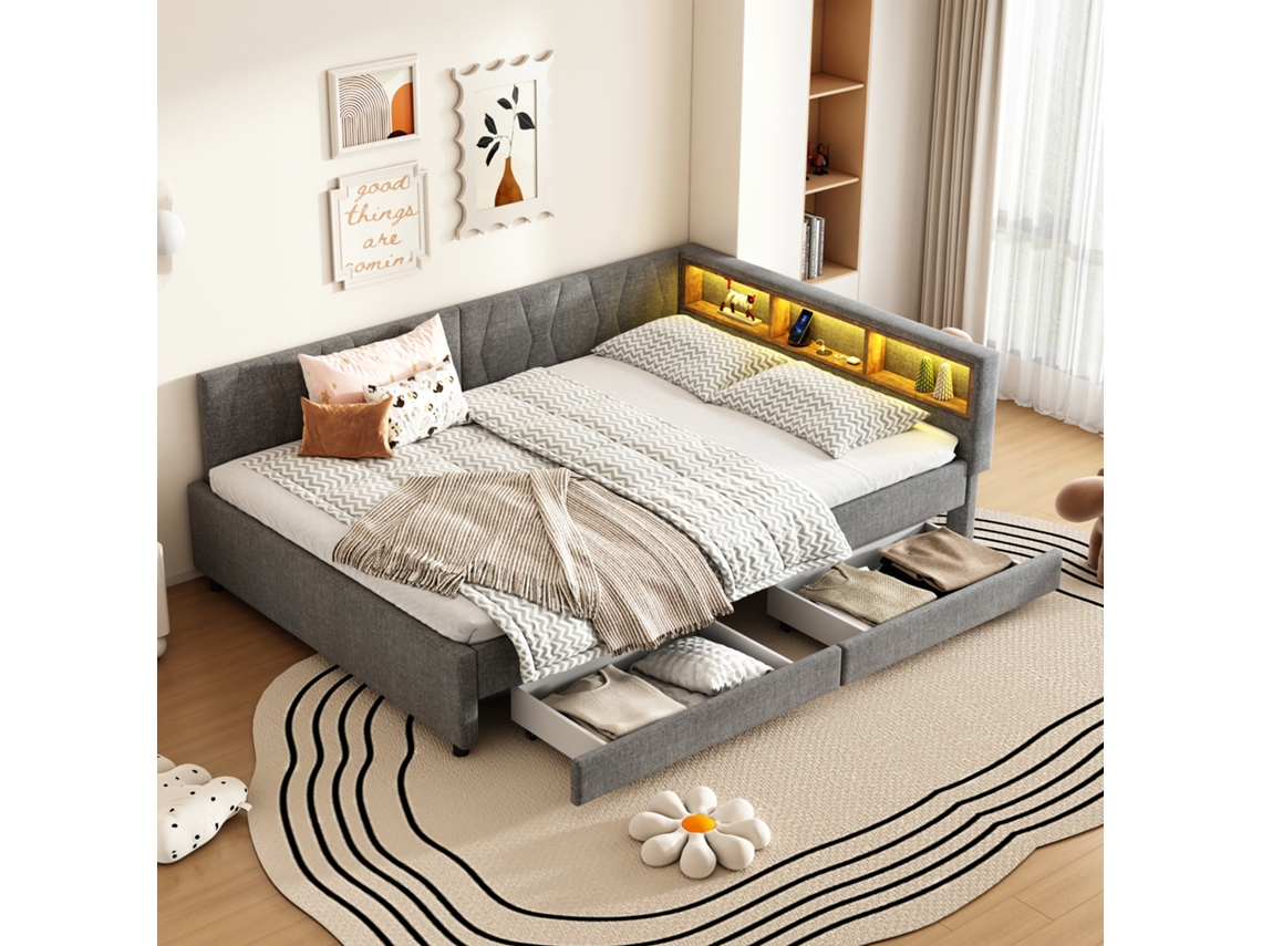 Sofá Cama Daybett 140x200cm Gavetas Usb Led Linen Cinza
