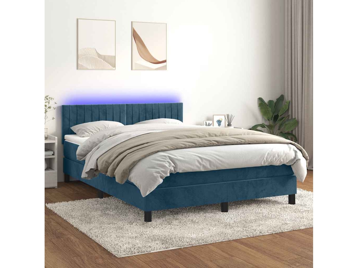 Vidaxl Cama Box Spring C/ Colchão/led 140x190 Cm Veludo Azul-escuro