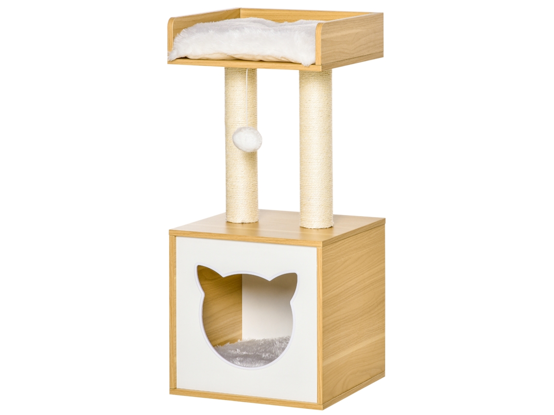Árvore Gatos 2 Níveis Caverna Cama Sisal 35x35x81 Cm Branco