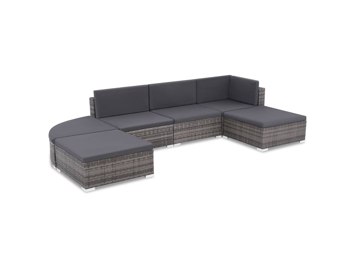 Conjunto 6 Pcs Lounge de Jardim com Almofadões Vime Pe Cinzento PANGSHIYUAN
