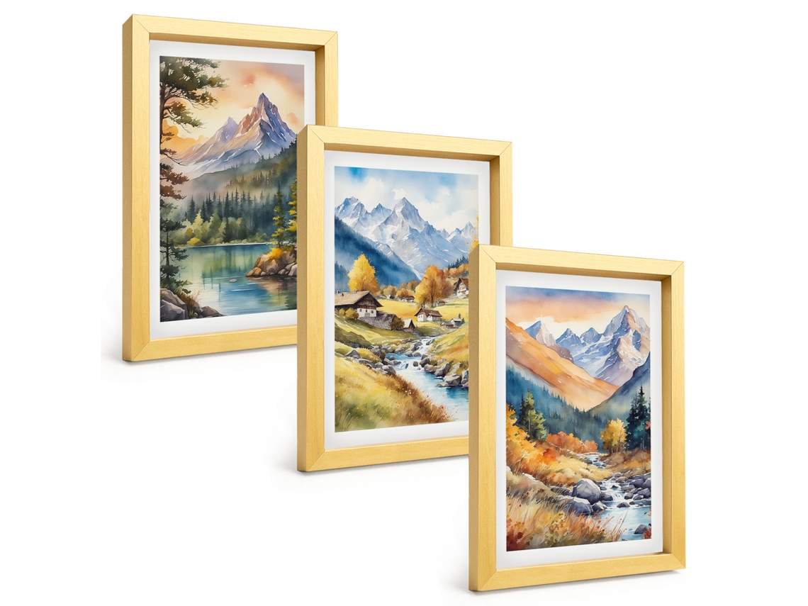Composição De Quadros Paisagem De Montanha Com Rio Espelharte (3 Peças 20x30 Cm)