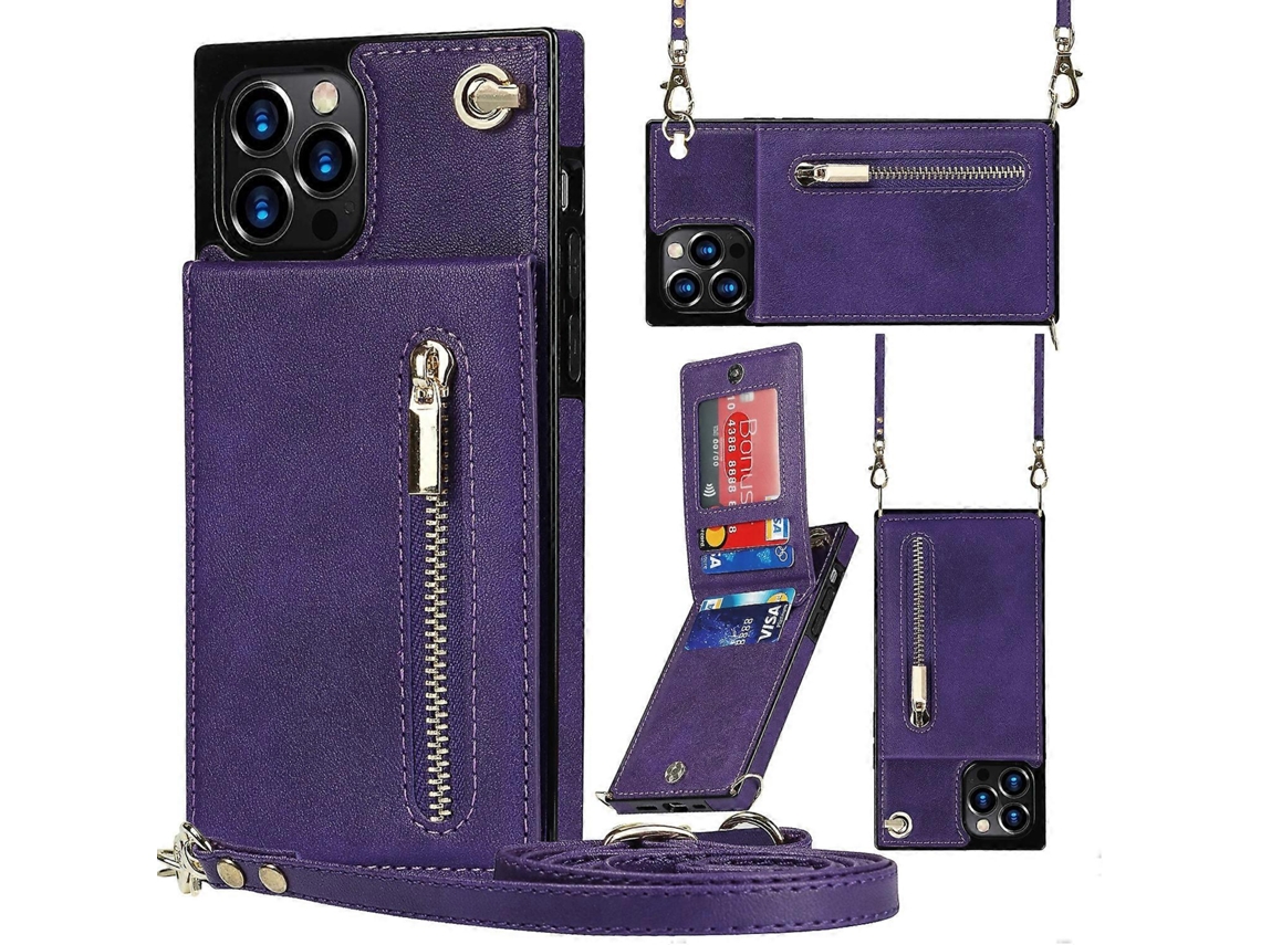 Capa Quadrada Com Zíper E Suporte Para Iphone 14 Pro Max, Transversal, Roxa